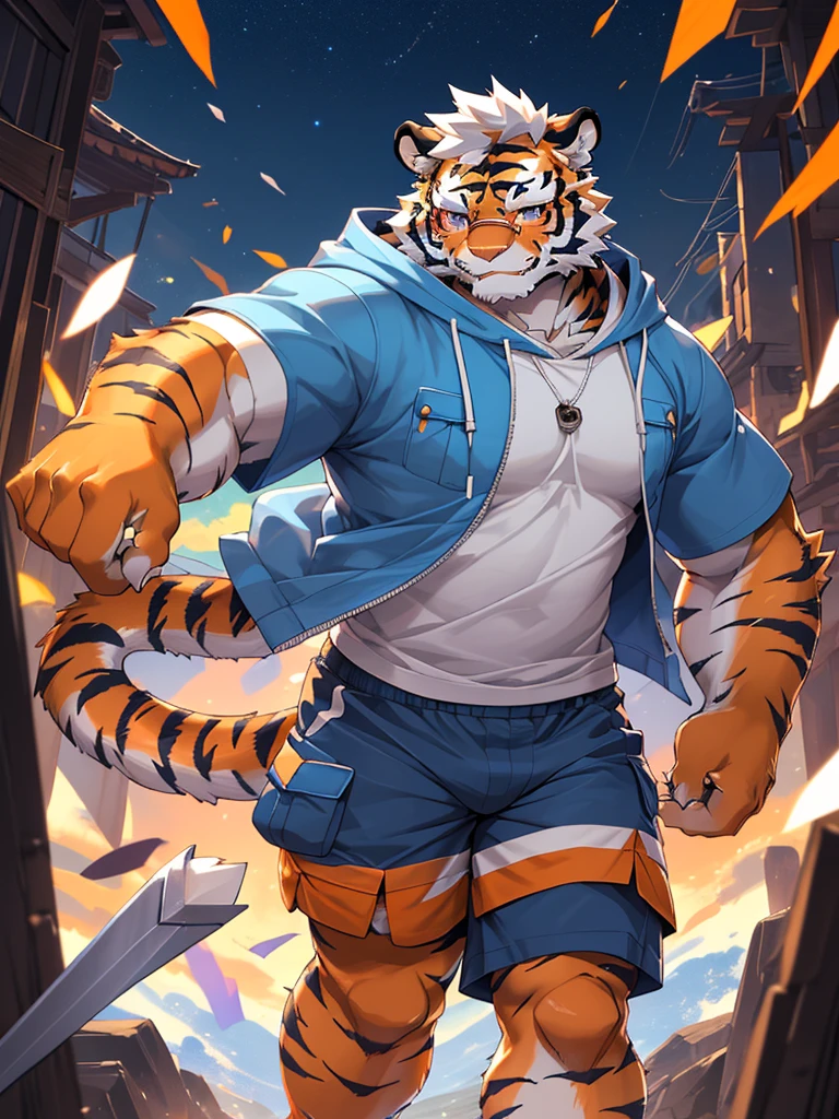 masterpiece, high quality, anime, detailed eyes, male kosutora, anthro, tiger, Great physique, strong arms manly, Casual suit, (((orange tiger))), (((white hair))), goatee, white eyebrows, detailed purple eyes, tall, Joyful, (short sleeves blue hoodie), (((shorts cargo))), by zixiong, red katana sword, glasses, action pose,