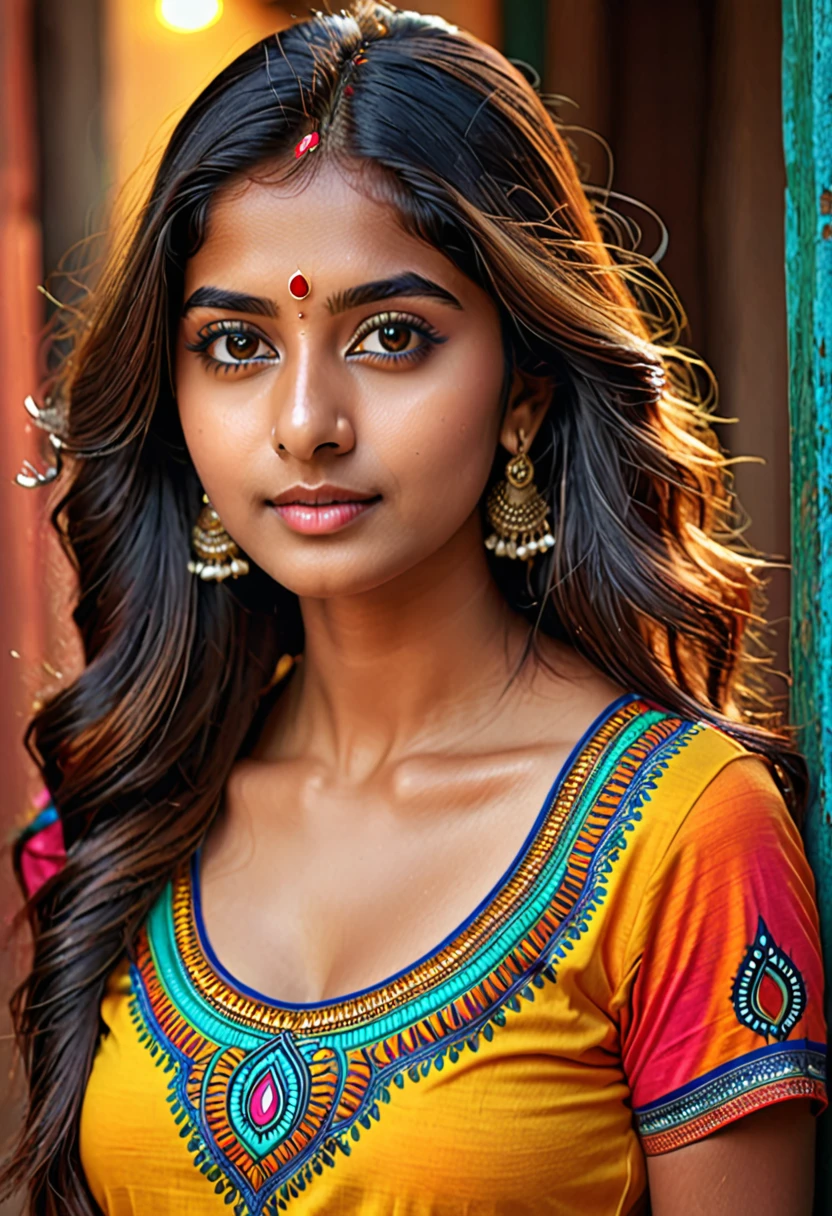 a cute indian girl, colorful tight t-shirt, intricate detailed facial features, beautiful long eyelashes, striking eyes, natural glowing skin, (best quality,4k,8k,highres,masterpiece:1.2),ultra-detailed,(realistic,photorealistic,photo-realistic:1.37),hyper detailed portrait, vibrant colors, warm lighting, cinematic composition, intricate details