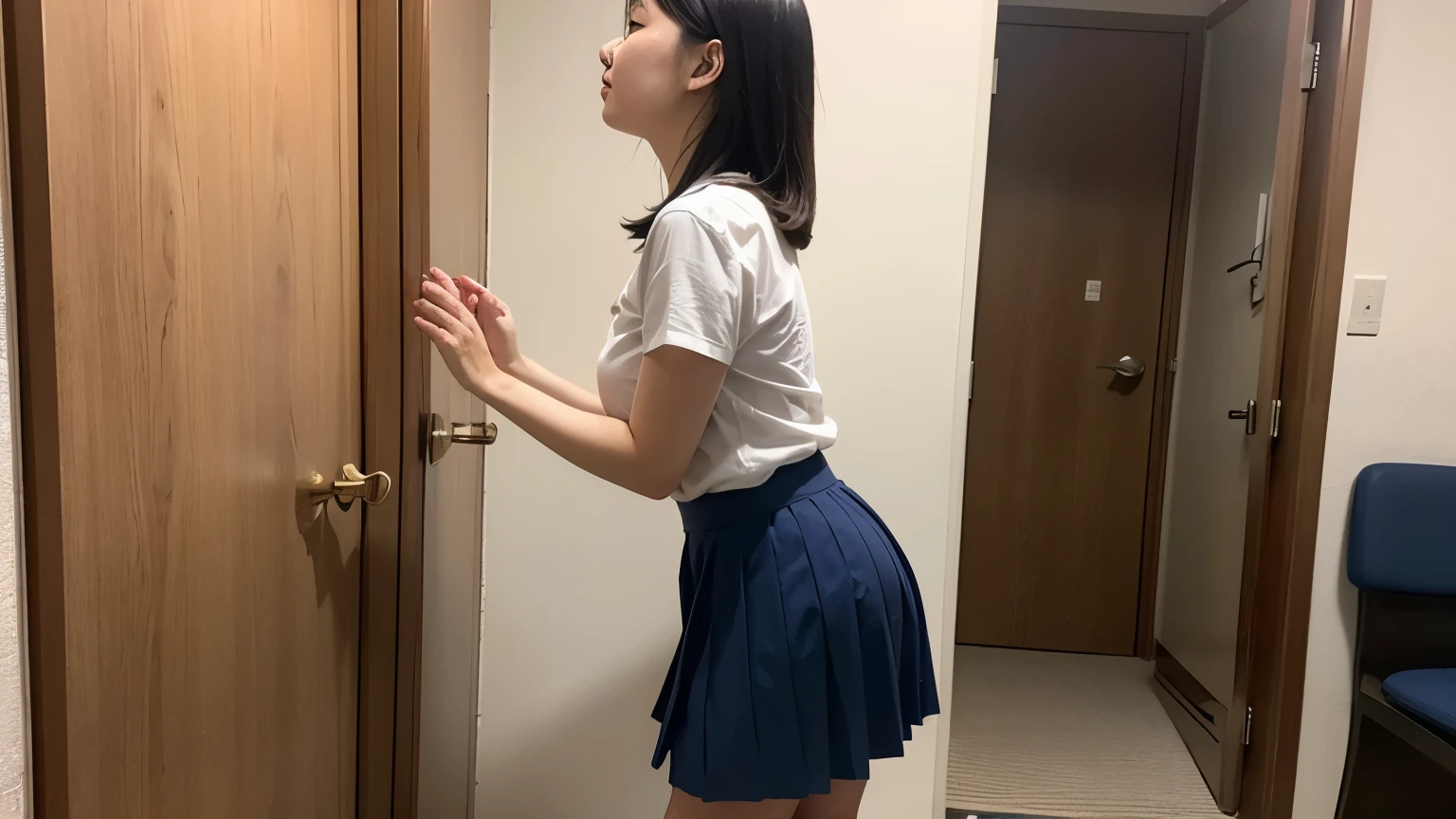 A female college student wearing a dress is standing、She is lifting her skirt with her hands。The pants are visible from the front、