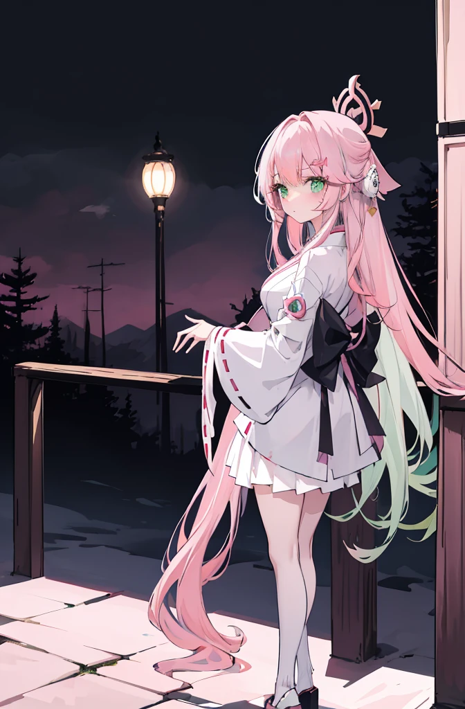 ((A pink-haired))，The hair was long，green eyes,Very long dull hairs，dark city background，white kimono costume，White miko stockings，white mini skirt, night,standing,pink hair,pink hair,forest background,