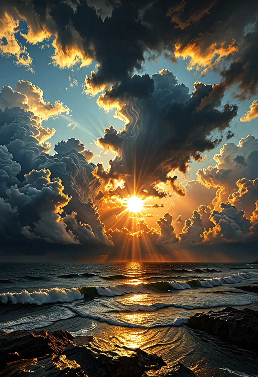 (sun above shining), (black and threatening clouds below), (realistic), (digital painting), (high resolution), (ultra-detailed), (masterpiece quality),