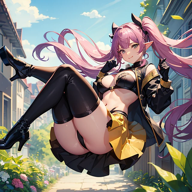 (masterpiece art, high best quality image, very detailed features), solo character,
1Beautiful 22 years responsible elfgirl, she is a beauty with cheerful face, light yellow eyes, dark purple hair tied in two pig-tails with two pink flowers, , beautiful figure, big glutes, happy smiling face,
(purple sweater clevage, short yellow skirt, black panty hose,k gloves, black shoes), feeling joy, jumping ceerful
Running, Danish Neighbourhood, sunny afternoon