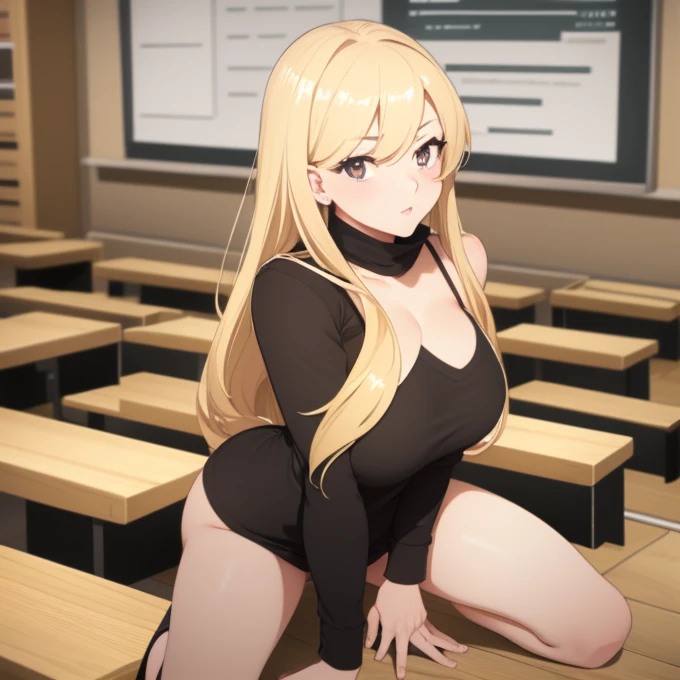please illustrates a picture of a classroom full with only sexy, hard-on boys And only one blonde long hair brown eye sexy girl in a middl