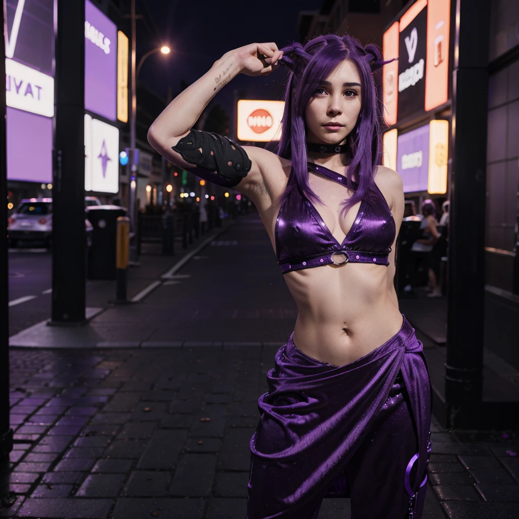 (((Venus Hum))) (((Purple hair))) half-figure shot of a woman, night city background, photo realistic, 8k