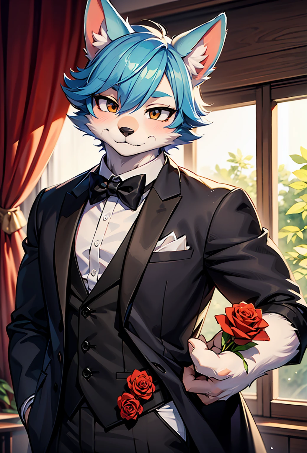 Watercolor elements, 1boy, kemono, furry, detailed body fur, animal face, animal hand, Handsome boy in tuxedo holding a red rose and looking at viewer,