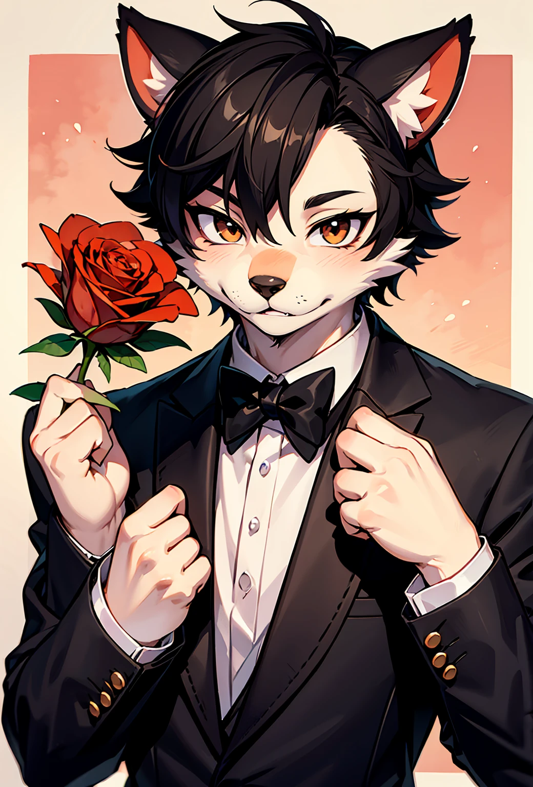 Watercolor elements, 1boy, kemono, furry, detailed body fur, animal face, animal hand, Handsome boy in tuxedo holding a red rose and looking at viewer,