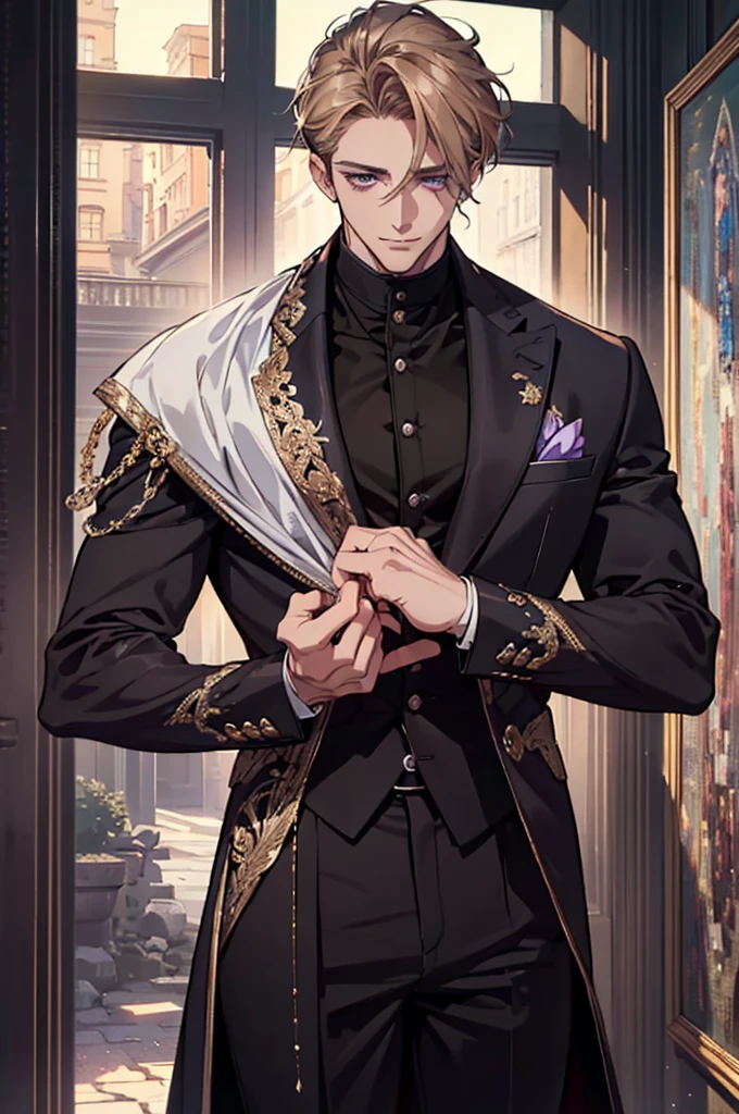 {(Best Quality, 8k, Masterpiece, HDR, soft lighting, Perfect picture, digital illustration, Manga art, Hyper detailed image, perfect lines, realist)} 1 very handsome 40 year old man, short dark blonde hair, violet eyes, luxurious clothing (imposing posture)