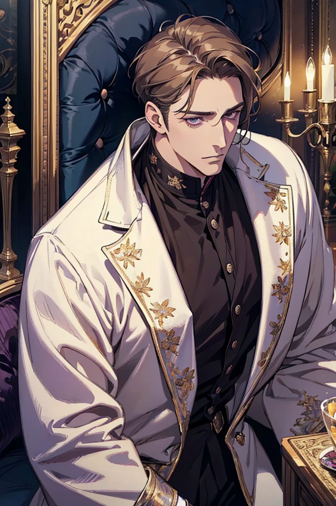 {(Best Quality, 8k, Masterpiece, HDR, soft lighting, Perfect picture, digital illustration, Manga art, Hyper detailed image, perfect lines, realist)} 1 very handsome 40 year old man, short dark blonde hair, violet eyes, luxurious clothing (imposing posture)