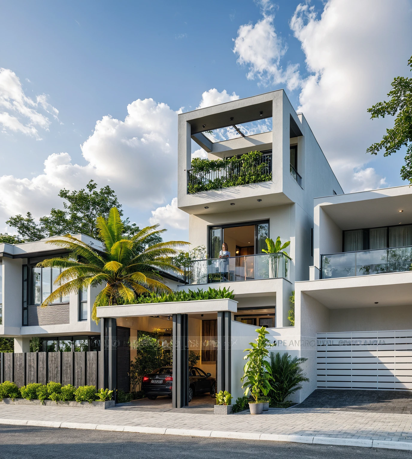 Masterpiece, high quality, best quality, authentic, super detail, outdoors, threestoreyvillaXL, aiaigroup, house style modern on the street, white wall, road, pavement, grass, trees, sky, cloud, (daylight:1.1), 
