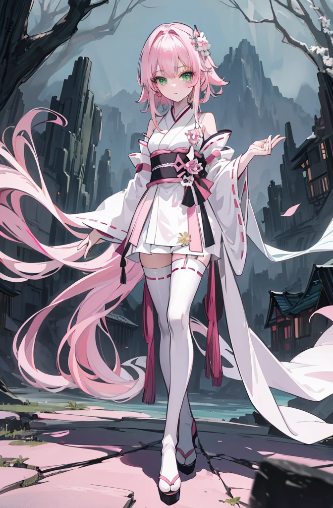 ((A pink-haired))，The hair was long，green eyes,Very long dull hairs，dark city background，white kimono costume，White miko stockings，white mini skirt, night,standing,pink hair,pink hair,forest background,mountain,