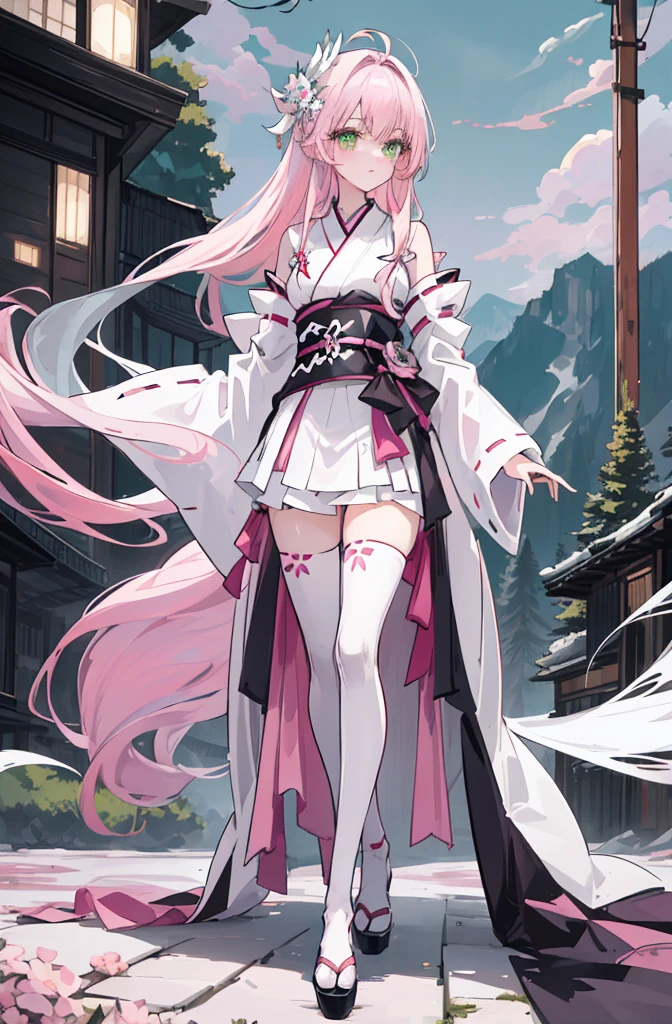 ((A pink-haired)),The hair was long,green eyes,Very long dull hairs,dark city background,white kimono costume,White miko stockings,white mini skirt, night,standing,pink hair,pink hair,forest background,mountain,