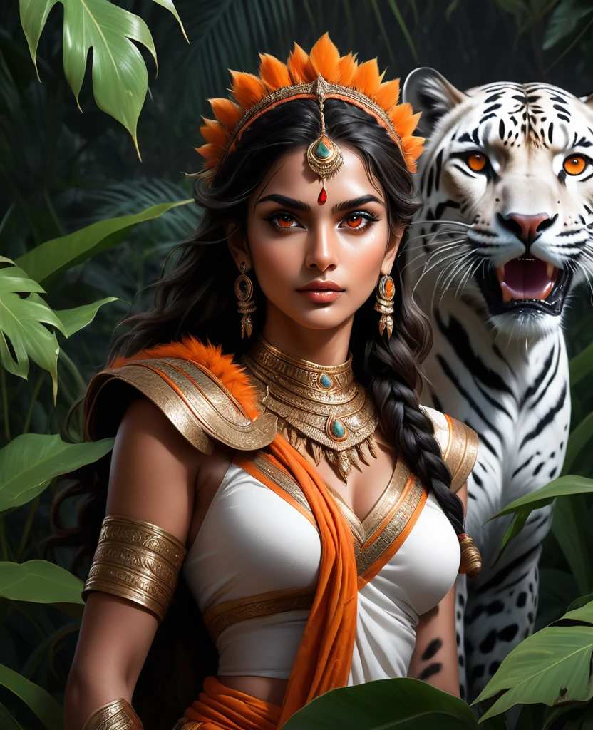 Lush plants，Beautiful Indian girl in Indian costume holding a scepter and a ferocious cheetah in the jungle， Deep orange eyes, black and white, black background, (best quality,4K,8K,high resolution,masterpiece:1.2),Extremely detailed,(Practical,photoPractical,photo-Practical:1.37),Highly detailed animal portraits, Dramatic Lighting, Powerful predator, Intense expression, Fascinating eyes, Smooth spotted fur, muscular, Low angle shot, Close-up view, Minimalist composition, High contrast water drops on leaves