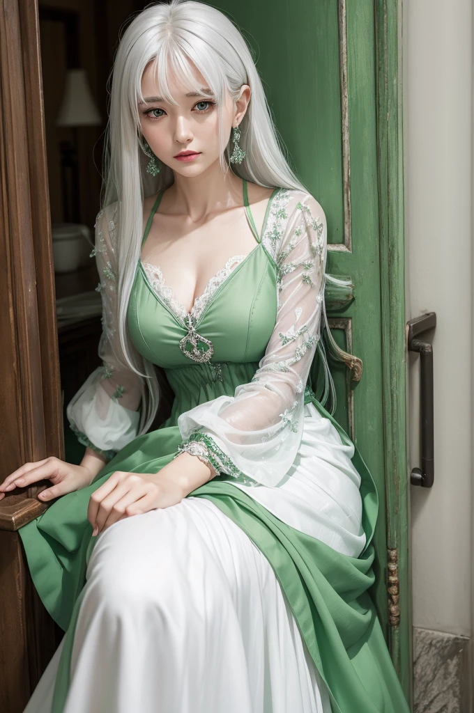 Woman straight silvery white hair, wearing a green dress.