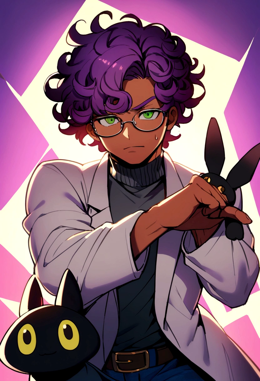 1man, 20s, strong body, latin, chin stubble, square face, tan skin, ((purple curly fluffy hair)), medium lenght hair, ((green eyes)), cool facial expression, (nice hands),  (grey turtleneck), lab coat, spectacles, jeans, sandals [pose with body turned in profile looking at viewer], determined facial expression, simple backgroun, accompanied by an Umbreon