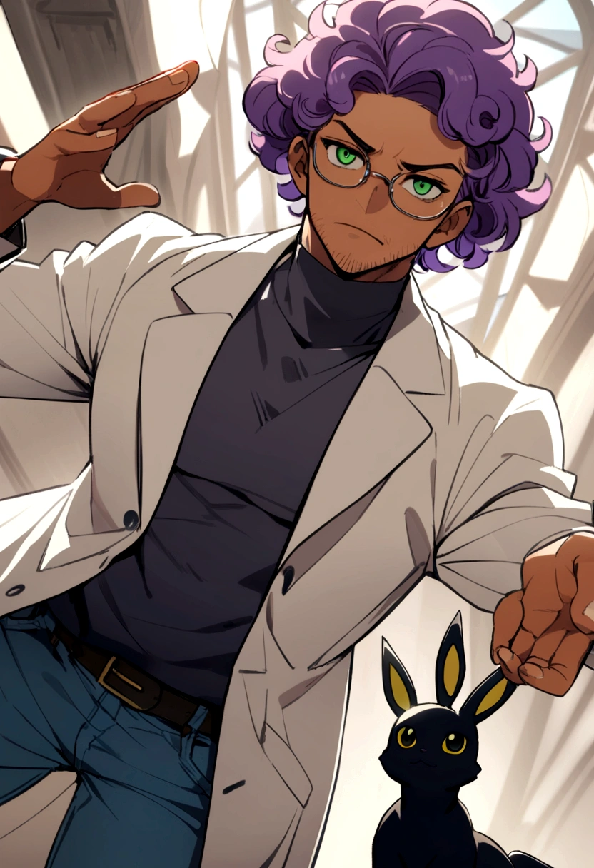 1man, 20s, strong body, latin, chin stubble, square face, tan skin, ((purple curly fluffy hair)), medium lenght hair, ((green eyes)), cool facial expression, (nice hands),  (grey turtleneck), lab coat, spectacles, jeans, sandals [pose with body turned in profile looking at viewer], determined facial expression, simple backgroun, accompanied by an Umbreon