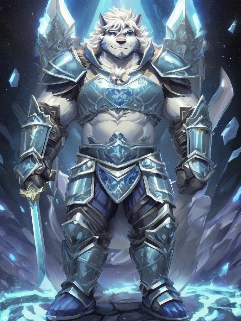 a furry sheep, white fur, shoulder long hair, (((handsome, slim fit, fit build))), paladin, ((white sheep), ((dark blue paladin armor)), furry art, full body, tall, silky hair,  hold a big sword and a big shield,