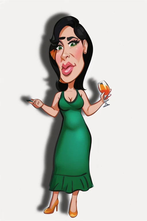 8k, adobe photoshop, cartoon woman in green dress holding a glass of orange juice, in cartoon style, latin, caricature style, cartoon rendering, caricature illustration, caricature, she holds a glass of wine, cartoon art style cartoon, caricature, Cartoon image, cartoon digital art, cel shaded!!!, cartoon illustration, cartoon style illustration, caricature!!!