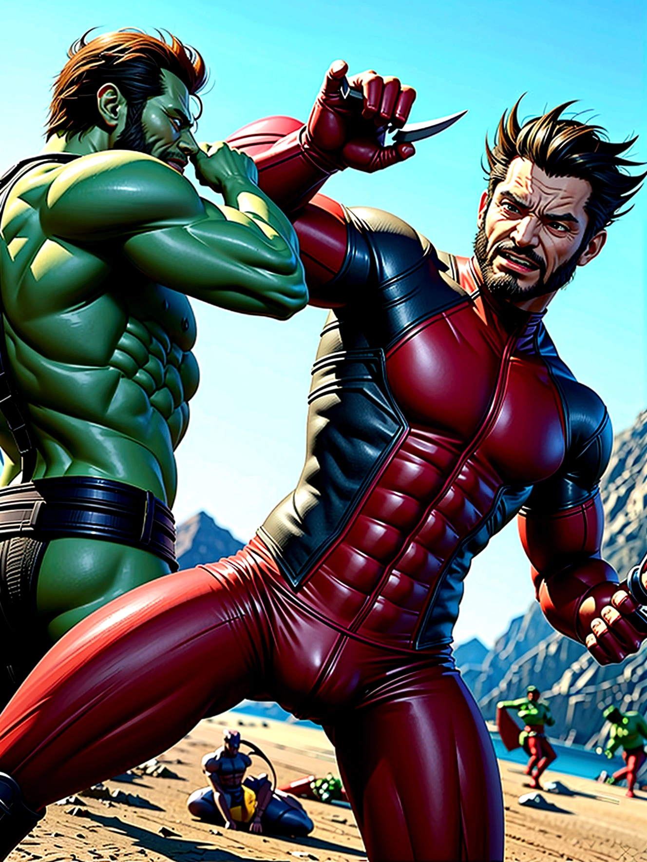 Realistic selfie of Wolverine next to Deadpool and the Hulk in the background
