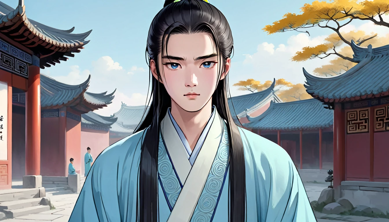 A young Chinese male named John,round face,Fair complexion,Black eyes,hairstyle: long hair(comb your hair into a bun),Wear light sky blue Chinese scholar traditional robe,follow advice,Confused expression。