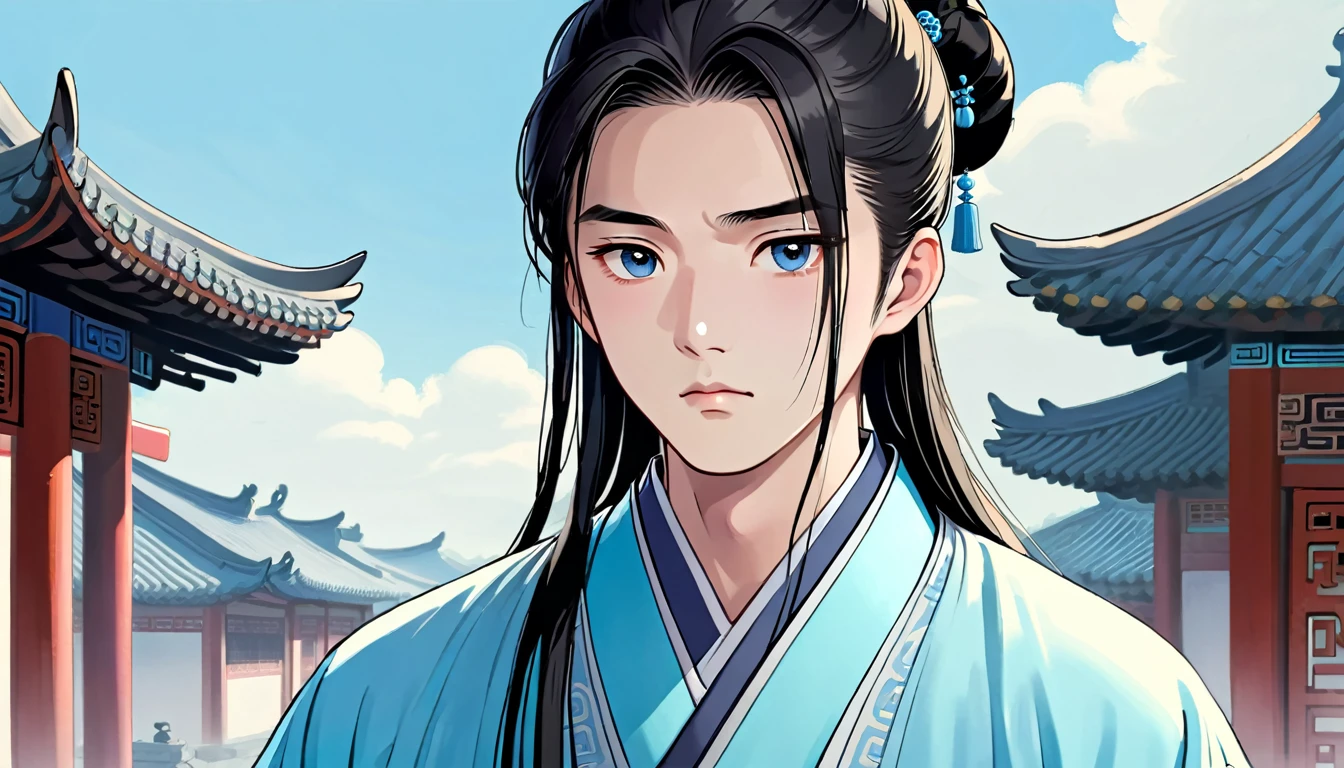 A young Chinese male named John,round face,Fair complexion,Black eyes,hairstyle: long hair(comb your hair into a bun),Wear light sky blue Chinese scholar traditional robe,follow advice,Confused expression。