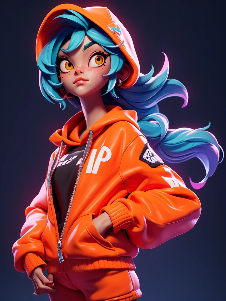 gorgeous hip-hop girl, orange neon hoodie, graffiti, emissive, bloom