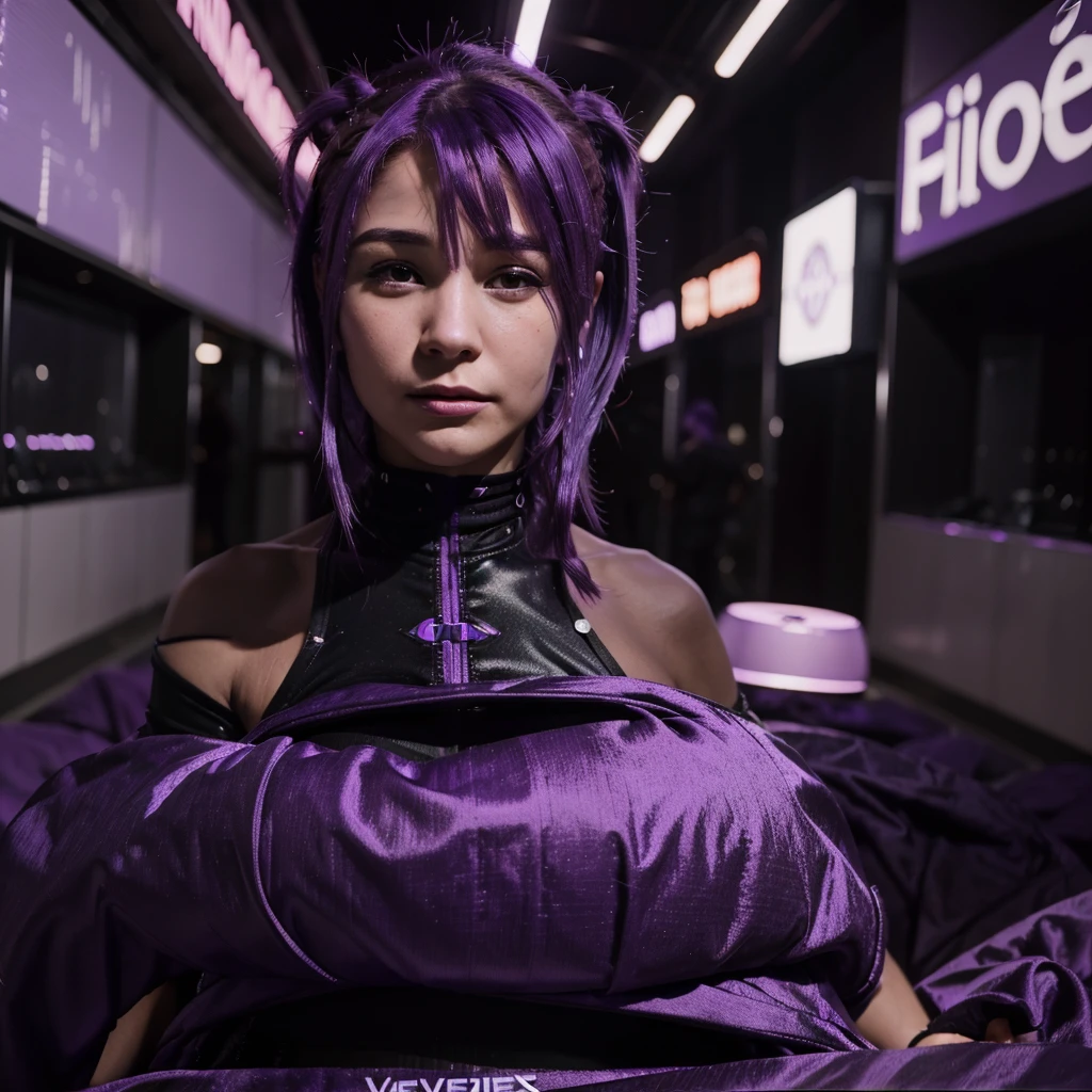 (((Venus Hum))) (((Purple hair))) half-figure shot of a cute woman, night city background, photo realistic, 8k