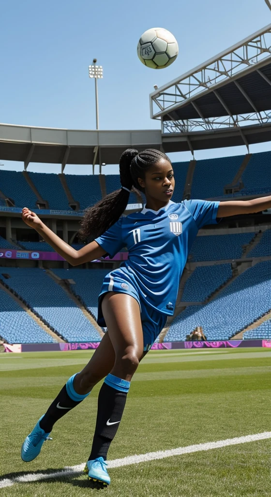 Black anime women, black hair tied up, wearing blue soccer kit, wearing soccer boots, on the stadium, kicking ball, nike soccer kit, blue, long tied hair, teenager