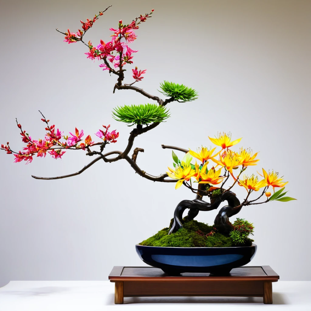 ikebana Ko, one of the four major schools of floral art in Japan, more naturalistic type of arrangement, high quality, ultra hd, very vibrant and colored, high resolution, super cinematic