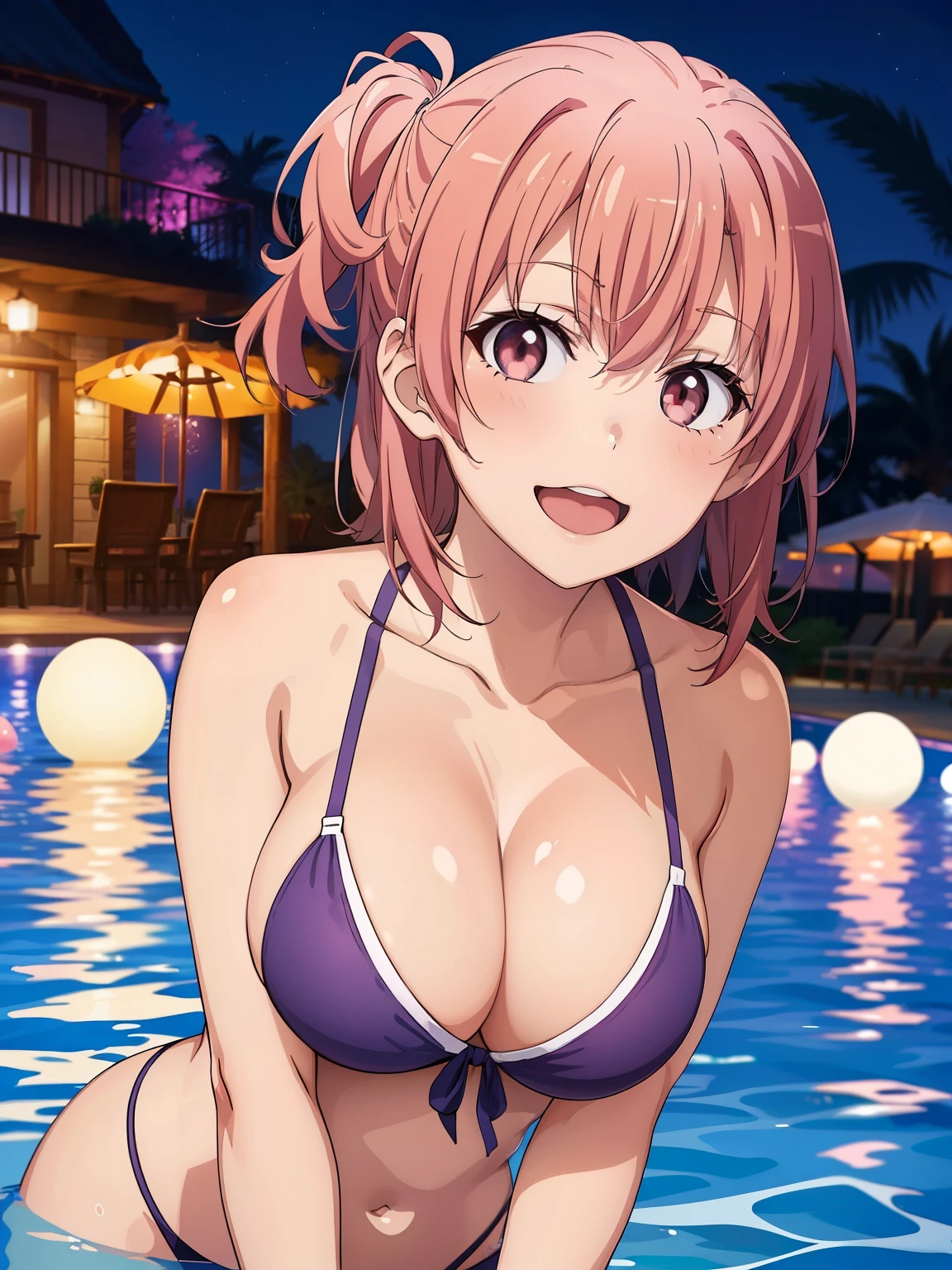 ((Highest quality, High resolution,  Perfect Pixel,  4K)),  (Beautiful Anime Girls), Depth of written boundary、


Yuigahama Yui,  (Big Breasts:1.2)、pink hair, 


smile、Open your mouth、
Purple micro bikini、
nightpool, night、illumination、Neon Light、
In the pool、