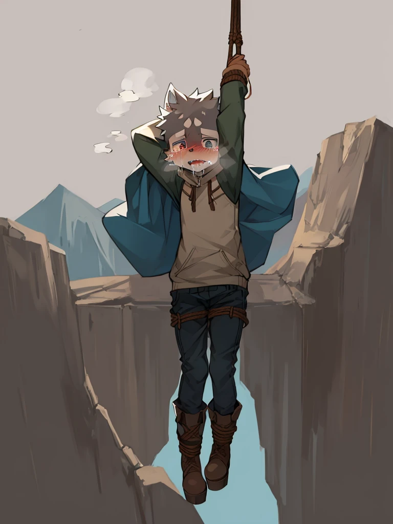 (Highest quality),(Become familiar with),background:Cliff climbing,Trapped on a cliff,rope,rope,Restraint and torture,Crying face,Sex,shortness of breath,Put your finger in my pussy,Dripping semen,Drooling,Tongue out,solo,
Shota,whole body,Wolf,Long Parka,pants,Thigh-high boots,Platform heels,whole bodyボロボロ,Leg cramps,