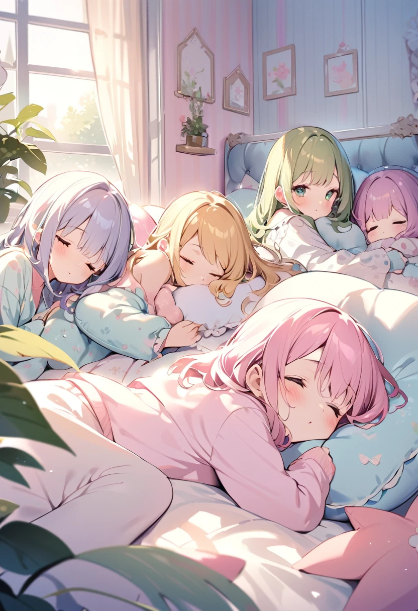 Highest quality、High resolution、Detailed Background、(Beautiful face in every detail:1.4)、Anatomically correct、(Detailed facial expressions)、(Detailed eyes:1.2)、Teenage beauty、(Highly detailed face:1.4)、Cute hair colour、Cute hairstyle、Bright room by the window、White or light-colored beds and duvets、Fluffy cushions etc.、A clean space that creates a feminine atmosphere、Adding plants and stuffed toys will create a more adorable atmosphere.、Pajamas in pastel colors、
(Three sleeping girls:1.5)