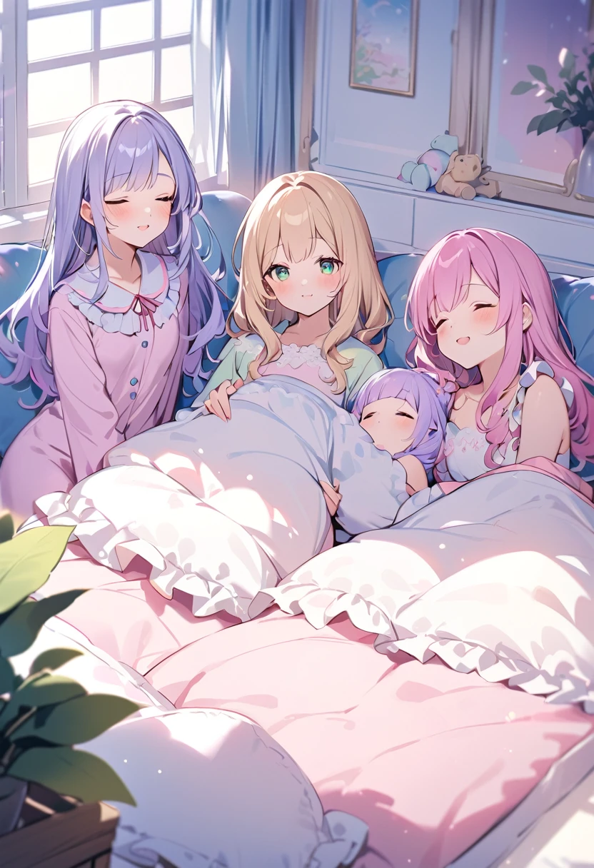 Highest quality、High resolution、Detailed Background、(Beautiful face in every detail:1.4)、Anatomically correct、(Detailed facial expressions)、(Detailed eyes:1.2)、Teenage beauty、(Highly detailed face:1.4)、Cute hair colour、Cute hairstyle、Bright room by the window、White or light-colored beds and duvets、Fluffy cushions etc.、A clean space that creates a feminine atmosphere、Adding plants and stuffed toys will create a more adorable atmosphere.、Pajamas in pastel colors、
(Three sleeping girls:1.5)