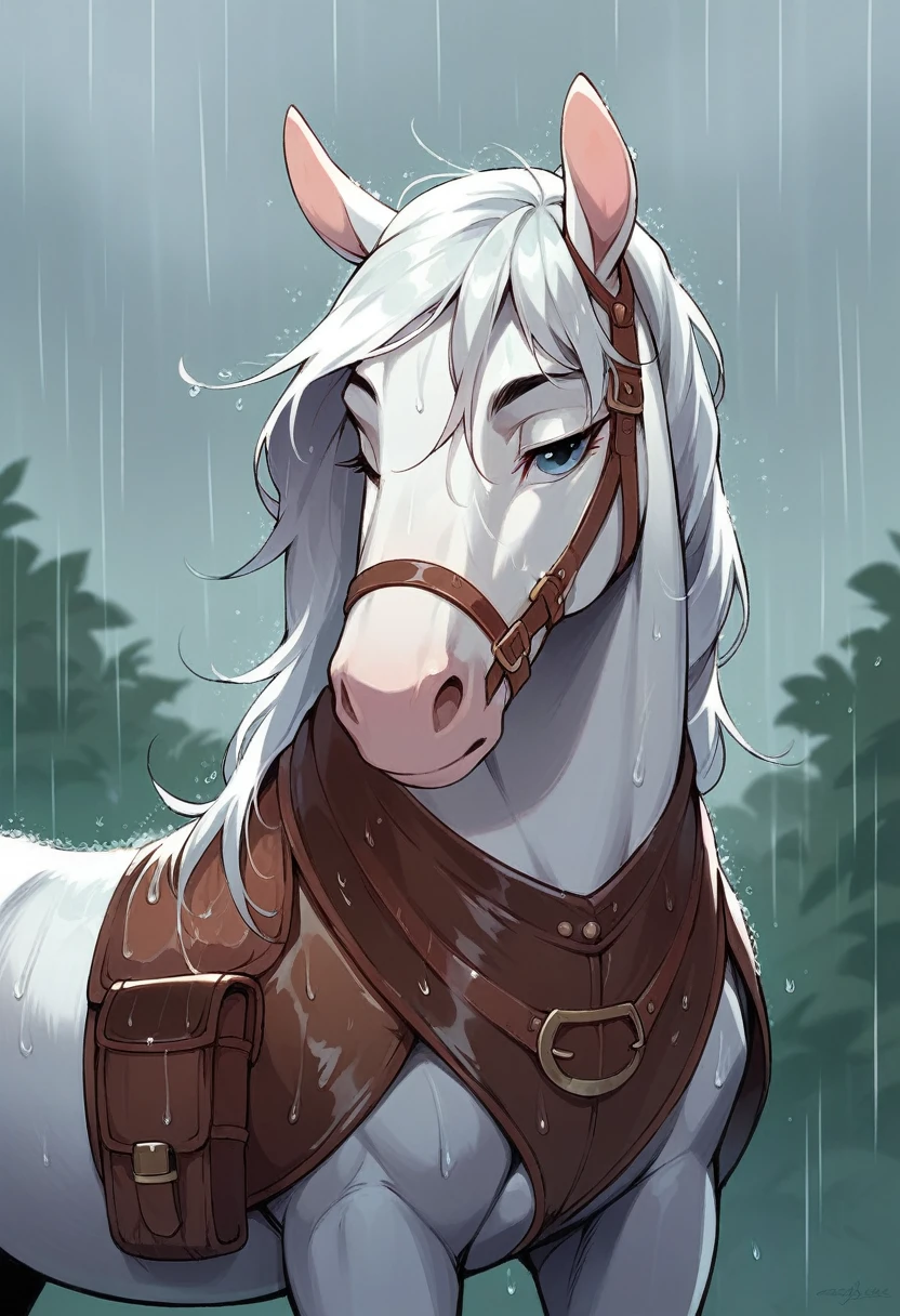 White Horse, girl in the saddle , rain