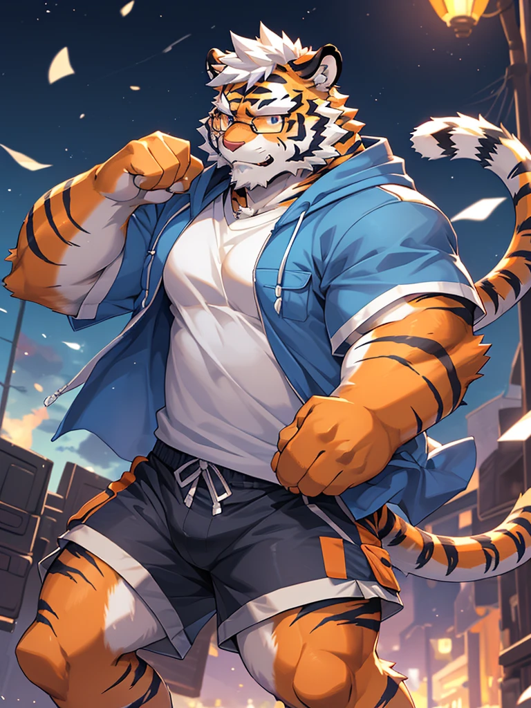 masterpiece, high quality, anime, detailed eyes, male kosutora, anthro, tiger, Great physique, strong arms manly, Casual suit, (((orange tiger))), (((white hair))), goatee, white eyebrows, detailed purple eyes, tall, Joyful, (short sleeves blue hoodie), (((shorts cargo))), by zixiong, red katana sword, glasses, action pose,