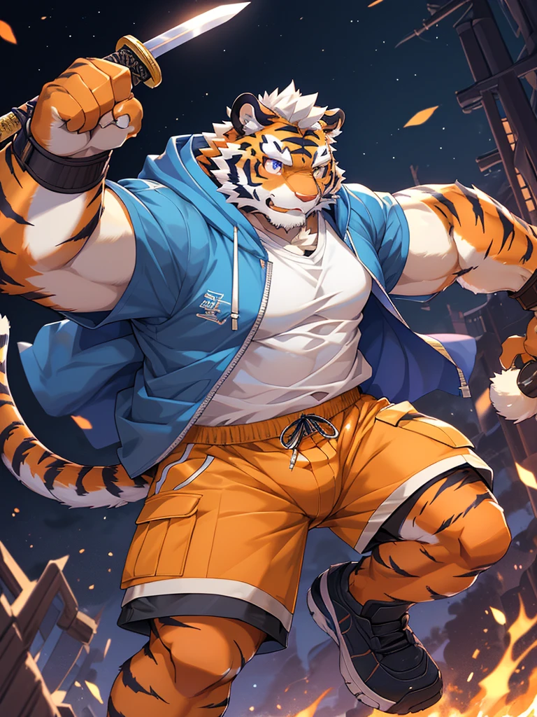 masterpiece, high quality, anime, detailed eyes, male kosutora, anthro, tiger, Great physique, strong arms manly, Casual suit, (((orange tiger))), (((white hair))), goatee, white eyebrows, detailed purple eyes, tall, Joyful, (short sleeves blue hoodie), (((shorts cargo))), by zixiong, red katana sword, glasses, action pose,