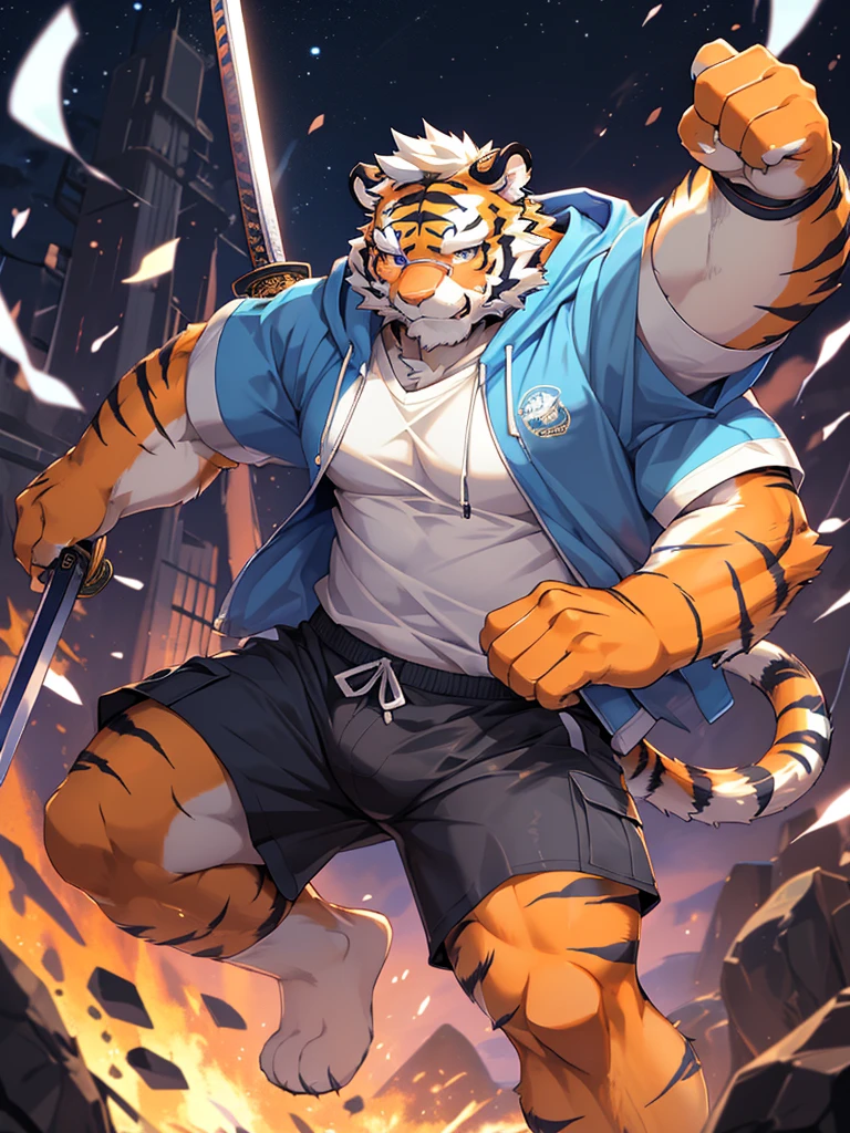 masterpiece, high quality, anime, detailed eyes, male kosutora, anthro, tiger, Great physique, strong arms manly, Casual suit, (((orange tiger))), (((white hair))), goatee, white eyebrows, detailed purple eyes, tall, Joyful, (short sleeves blue hoodie), (((shorts cargo))), by zixiong, red katana sword, glasses, action pose,