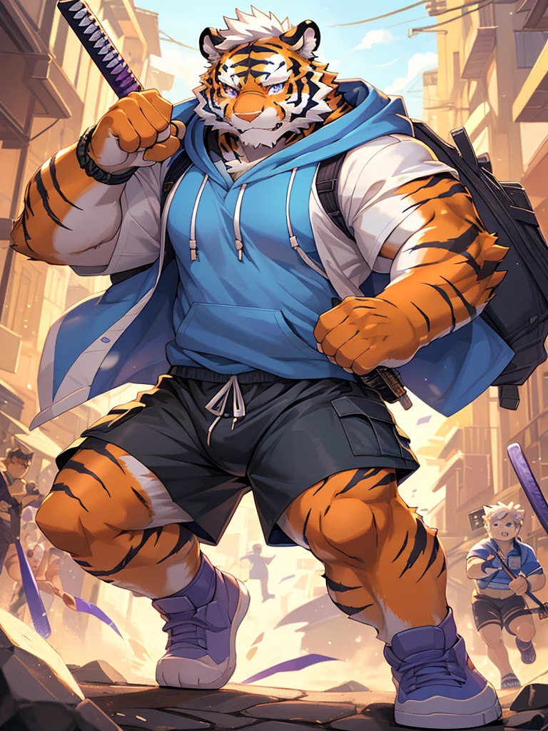 masterpiece, high quality, anime, detailed eyes, male kosutora, anthro, tiger, Great physique, strong arms manly, Casual suit, (((orange tiger))), (((white hair))), goatee, white eyebrows, detailed purple eyes, tall, Joyful, (short sleeves blue hoodie), (((shorts cargo))), by zixiong, red katana sword, glasses, action pose,