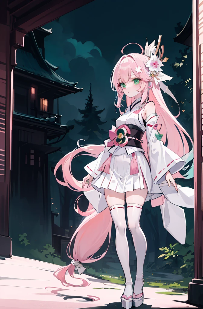((A pink-haired)),The hair was long,green eyes,Very long dull hairs,dark city background,white kimono costume,White miko stockings,white mini skirt, night,standing,pink hair,pink hair,forest background,noon,sunlight,