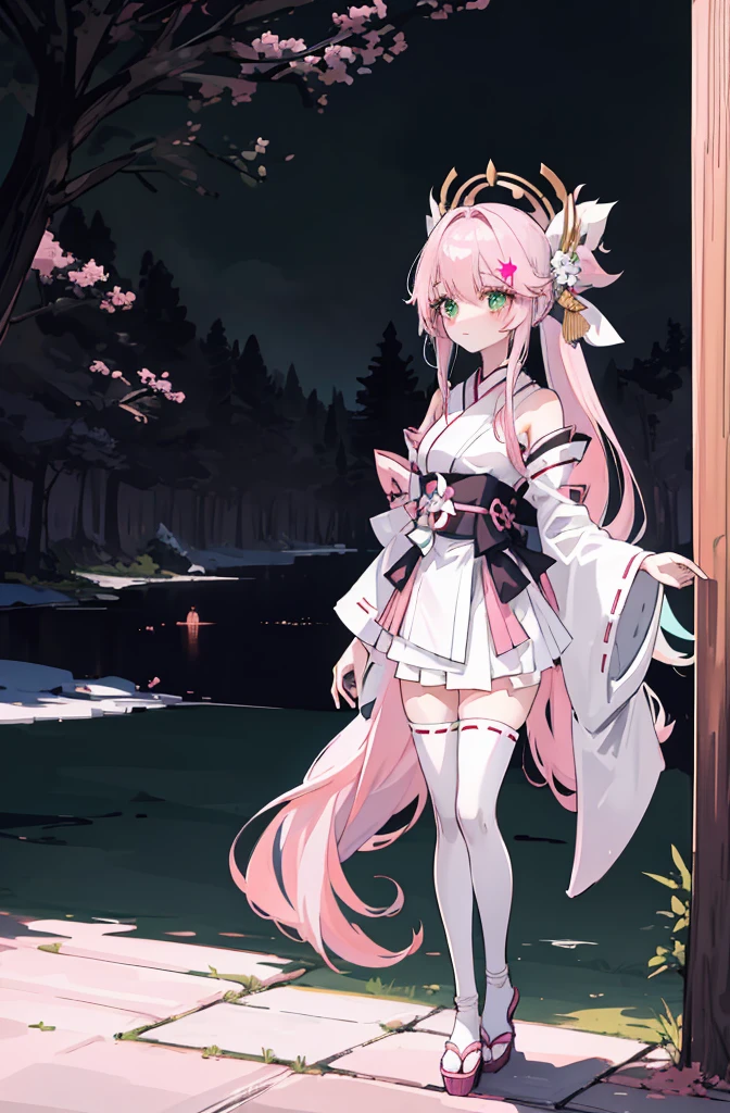 ((A pink-haired)),The hair was long,green eyes,Very long dull hairs,dark city background,white kimono costume,White miko stockings,white mini skirt, night,standing,pink hair,pink hair,forest background,noon,sunlight,
