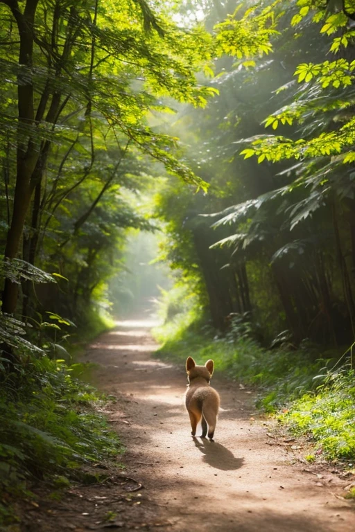 Early morning forest，Little fox Huahua looking for food on the forest path，The sun shines through the leaves onto the ground。