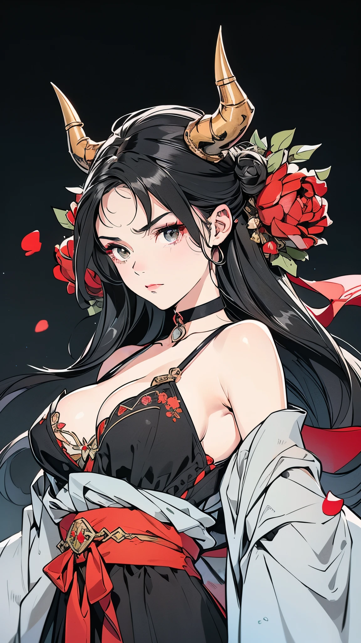 Seven Rhaeyar (Deylta), Ancient Star goddess, Perfect female anatomy (Royalty, Adult Female, 166cm in height, Cool pale skin, slim, slender, 34D breast size, Long Jet Black Hair, Gray Colored Iris , a set of Jet black colored horns on her head), Neutral facial expression, Elegant black uniform dress, female choker accessory with silver complimentary jewelry, dragon motifs, Black rope accessories, Simple Black Background, receiving light from the front, Slightly focusing on her face up close, Ethereal glow, Red Rose petals falling, Japanese inspired