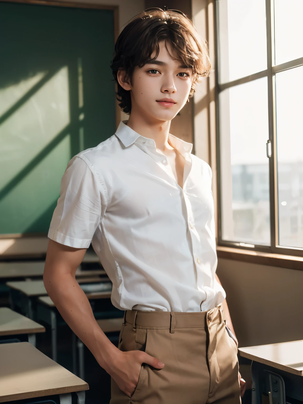 (Masterpiece, Hyperrealistic, 8k, HDR, RAW), ((Natural illumination)), window illumination, inside illumination, (((Inside a classroom))), ((handsome boy)), american boy, , ((White shirt)), ((brown trousers)), ((brown eyes)), ((short wavy hair)), ((Small and skinny body)), ((brown hair)), sexy face, big eyes, grin, perfect anatomy
