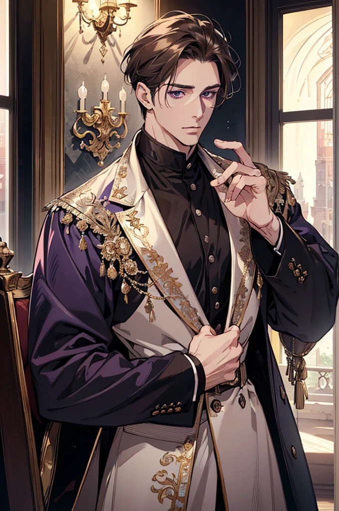 {(Best Quality, 8k, Masterpiece, HDR, soft lighting, Perfect picture, digital illustration, Manga art, Hyper detailed image, perfect lines, realist)} 1 very handsome 40 year old man, short dark blonde hair, violet eyes, luxurious clothing (imposing posture)