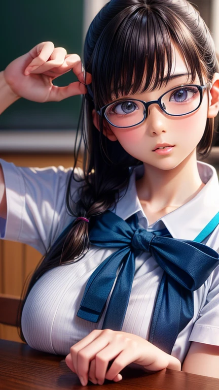 View your viewers,high school girl,Leaning forward,(Random cute clothes),(Random animated poses),(Thin type),(Large Breasts),(Random hairstyle),(Best image quality, (8K), Ultra-realistic, 最high quality, high quality, High resolution, high qualityの質感, Attention to detail, Beautiful details, Fine details, Highly detailed CG, Detailed Texture, Realistic facial expressions, masterpiece, before),(Wear glasses:1.1)