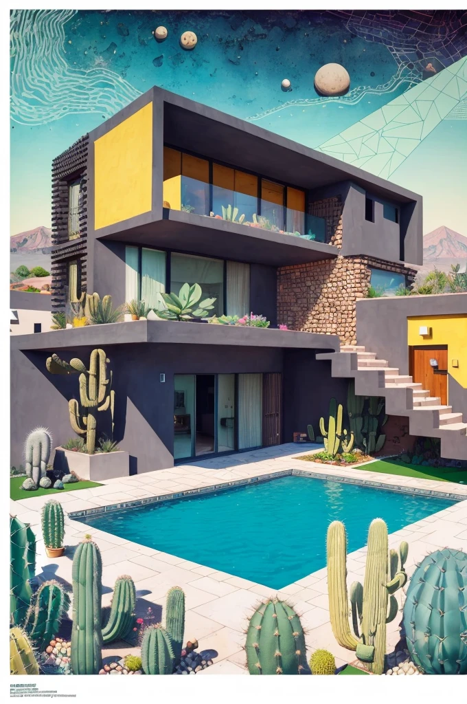 An illustration, collage style, David Hockney visual style, (((Luis Barragán's architectural style houses in middle of a lake))), big boulders, little cascade, mountains, volcanos, volcanic landscape, pool, stairs, beautiful gardens, abundant vegetation, cacti, agave, big clouds, sunset. Magazine cover, serif tipography, editorial design, masterpiece, An illustration in collage style, con rocas gigantes, Brutalist construction sections, escaleras, cactus, agave, textura de concreto, Multiple geometric shapes, hatch and cross hatching, planeta Saturno. ((masterpiece, best quality)),illustration,ultra detailed 8k. (((An illustration of a build designed by Luis Barragán))), with a desertic vegetation garden, (big rocks), ((cacti)), lake, volcano in horizon, smooth clouds, (((illustration collage format))), ((Escher's art style)), (((multiple sections))), (violet, blue, olive green, grey, black and white), hard shadows, (((geometric sculptures))), concrete sculptures, high contrast, dramatic, cinematographic, ((milky way galaxy)), intricate, intricate details, sharp focus,landscape