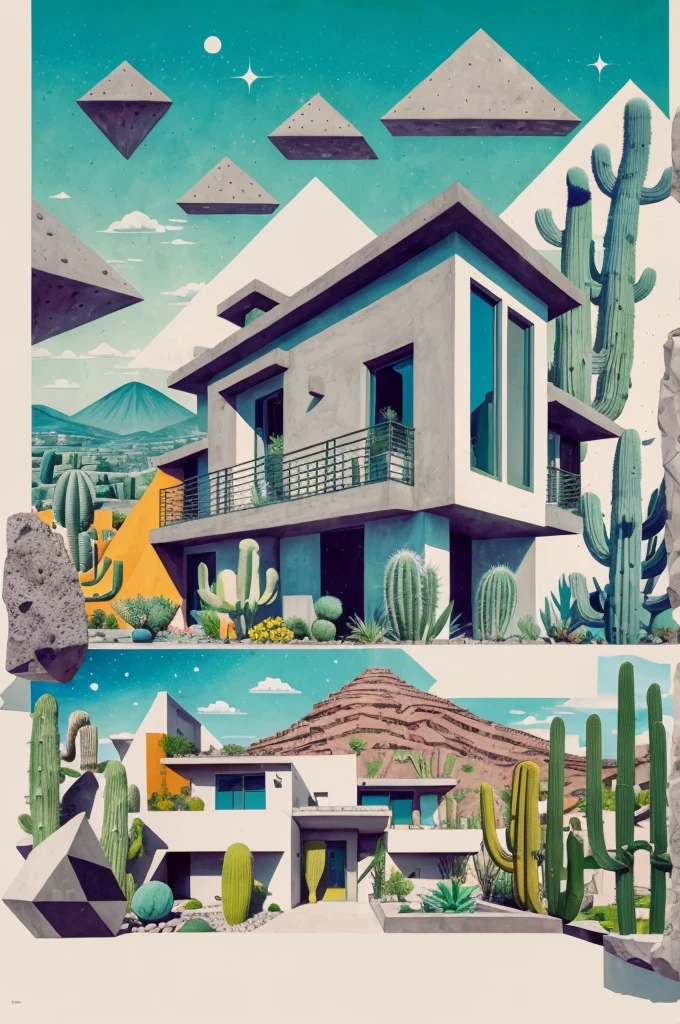 An illustration, collage style, David Hockney visual style, (((Luis Barragán's architectural style houses in middle of a lake))), big boulders, little cascade, mountains, volcanos, volcanic landscape, pool, stairs, beautiful gardens, abundant vegetation, cacti, agave, big clouds, sunset. Magazine cover, serif tipography, editorial design, masterpiece, An illustration in collage style, con rocas gigantes, Brutalist construction sections, escaleras, cactus, agave, textura de concreto, Multiple geometric shapes, hatch and cross hatching, planeta Saturno. ((masterpiece, best quality)),illustration,ultra detailed 8k. (((An illustration of a build designed by Luis Barragán))), with a desertic vegetation garden, (big rocks), ((cacti)), lake, volcano in horizon, smooth clouds, (((illustration collage format))), ((Escher's art style)), (((multiple sections))), (violet, blue, olive green, grey, black and white), hard shadows, (((geometric sculptures))), concrete sculptures, high contrast, dramatic, cinematographic, ((milky way galaxy)), intricate, intricate details, sharp focus,landscape