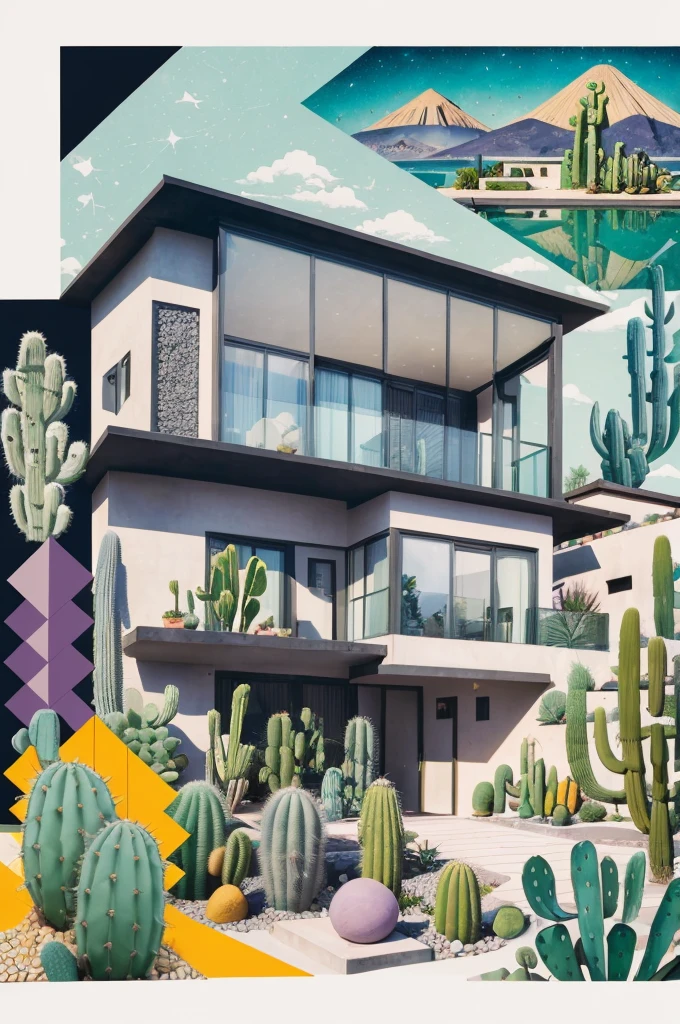 An illustration, collage style, David Hockney visual style, (((Luis Barragán's architectural style houses in middle of a lake))), big boulders, little cascade, mountains, volcanos, volcanic landscape, pool, stairs, beautiful gardens, abundant vegetation, cacti, agave, big clouds, sunset. Magazine cover, serif tipography, editorial design, masterpiece, An illustration in collage style, con rocas gigantes, Brutalist construction sections, escaleras, cactus, agave, textura de concreto, Multiple geometric shapes, hatch and cross hatching, planeta Saturno. ((masterpiece, best quality)),illustration,ultra detailed 8k. (((An illustration of a build designed by Luis Barragán))), with a desertic vegetation garden, (big rocks), ((cacti)), lake, volcano in horizon, smooth clouds, (((illustration collage format))), ((Escher's art style)), (((multiple sections))), (violet, blue, olive green, grey, black and white), hard shadows, (((geometric sculptures))), concrete sculptures, high contrast, dramatic, cinematographic, ((milky way galaxy)), intricate, intricate details, sharp focus,landscape