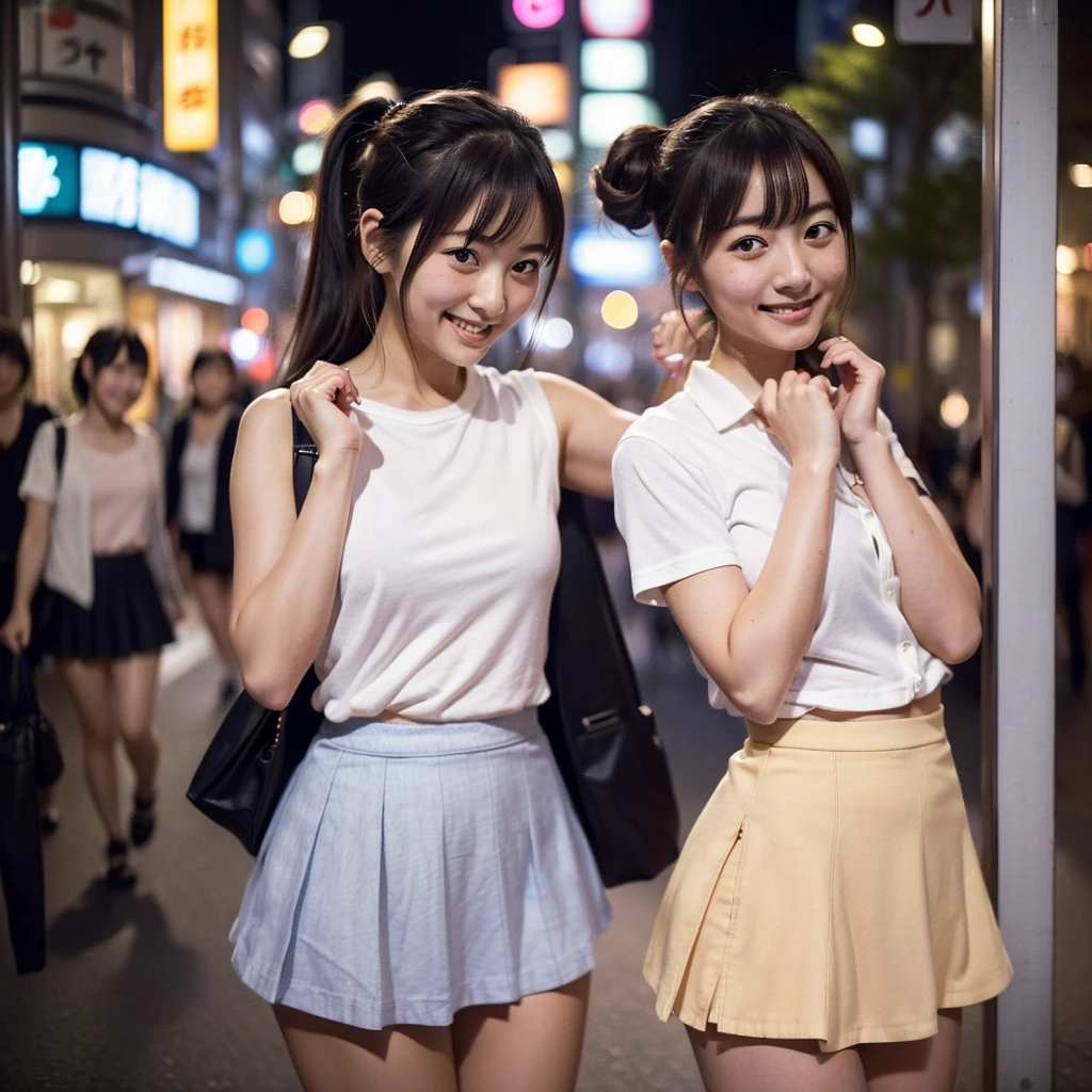 (A close-up photo of two Japanese cute girls), (Lifting up skirt and showing panties), (in Shibuya at night), (everyone smiling), best quality, masterpiece, All looking at the camera, (Double eyelids), Bangs down, Hair tied up, (All embarrassed and shy)