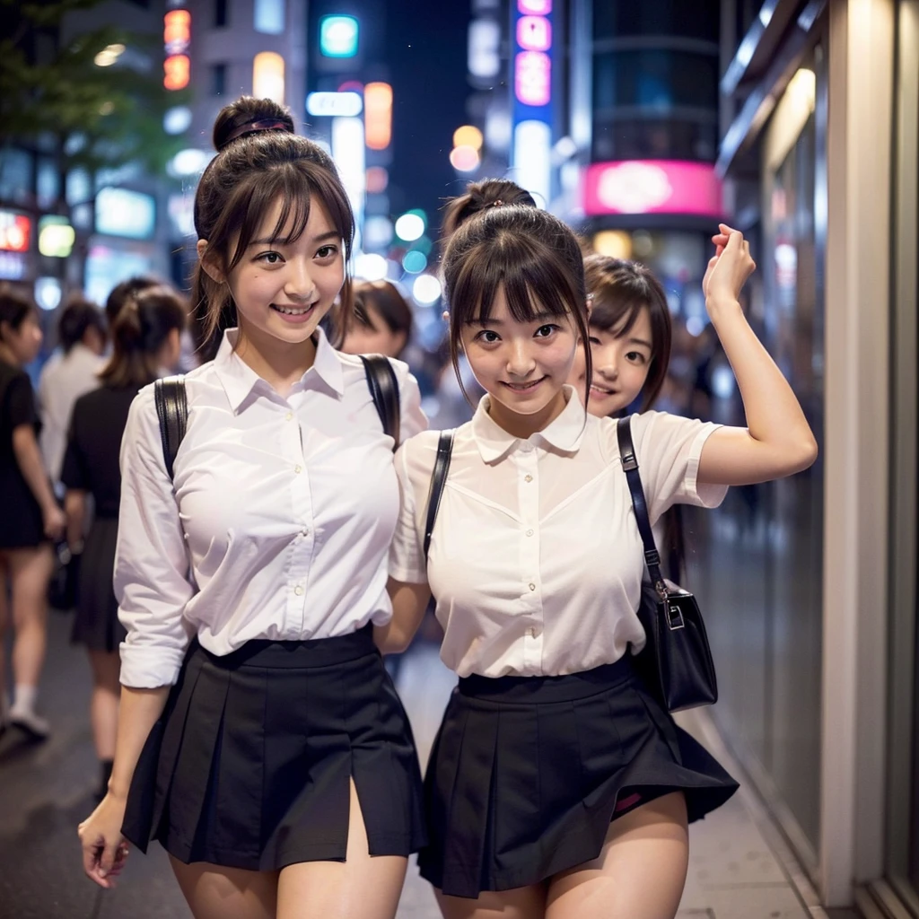 (A close-up photo of two Japanese cute girls), (Lifting up skirt and showing panties), (in Shibuya at night), (everyone smiling), best quality, masterpiece, All looking at the camera, (Double eyelids), Bangs down, Hair tied up, (All embarrassed and shy)