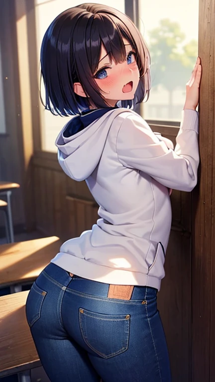 ((1 girl)), ((1 girl and 1 boy are having sex)), penis, 1 face, standing doggy style, from behind, looking back, (girl in skinny tight navy jeans), (long jeans), (navy jeans), ((jeans ass)), slim, slender, , (short bob cut), ((black hair)), nose blush, full opened eyes, round mouth, drool, orgasm, (white hoodie), pink nipple, penis in pussy, cum in pussy, (((embarrassed))), hard sweat, big ass, ahegao, detailed face, blue eyes, classroom, hands on wall, lean on wall, pov, japanese, detailed ass, detailed jeans, (grab ass), light blue underpants